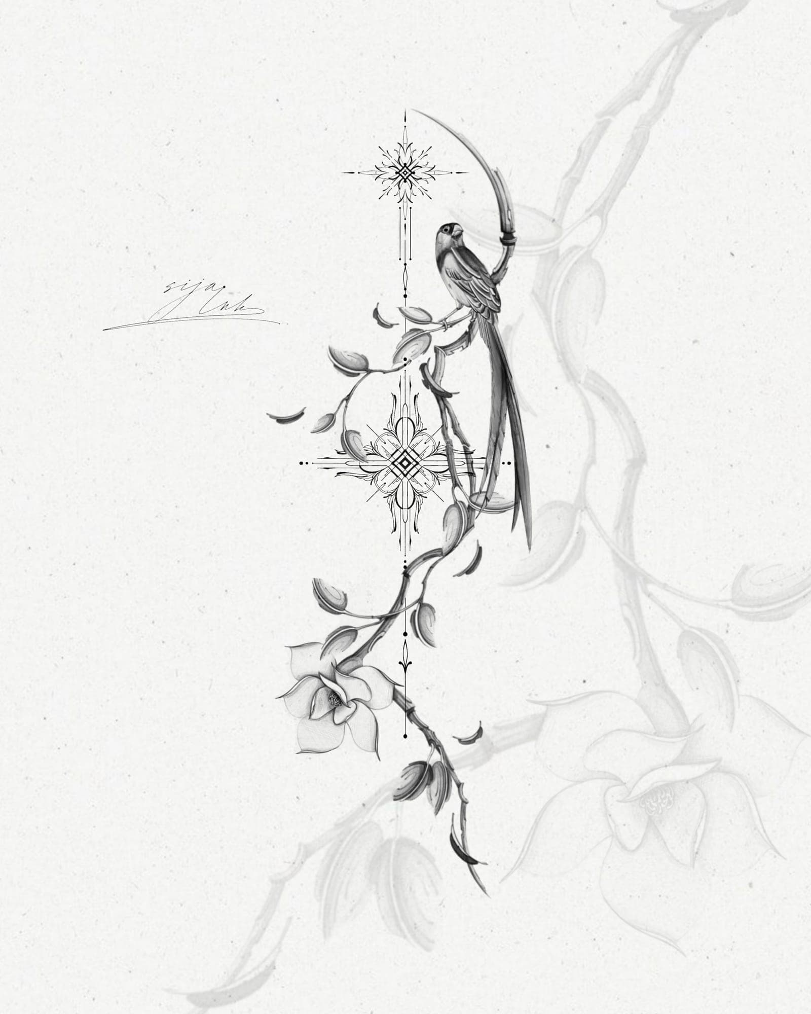 Available tattoo design – Hummingbird & Blooms · №13 – SIJA.INK Zürich