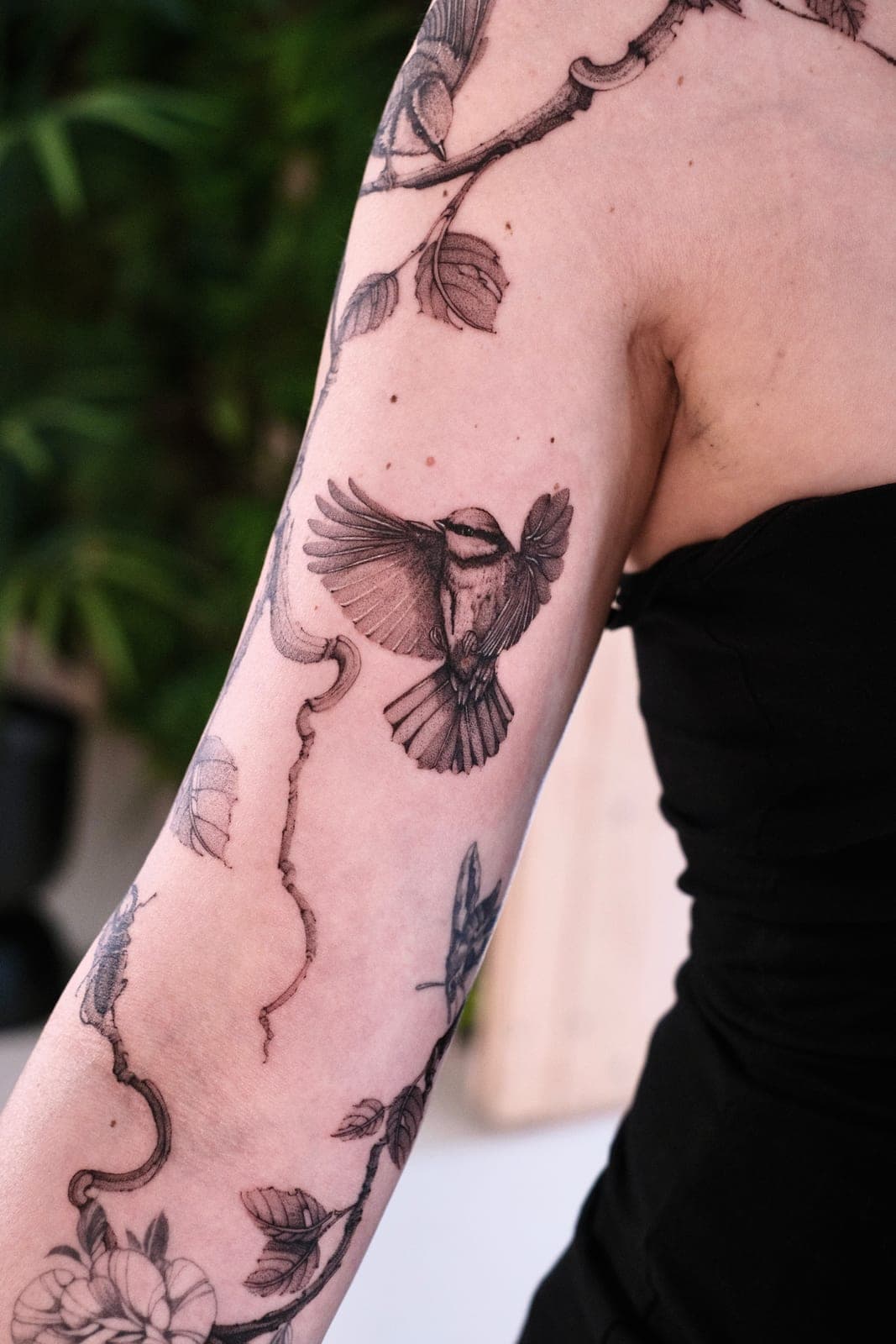 Fineline Tattoo frisch gestochen – Vogel auf Ast – SIJA.INK Zürich