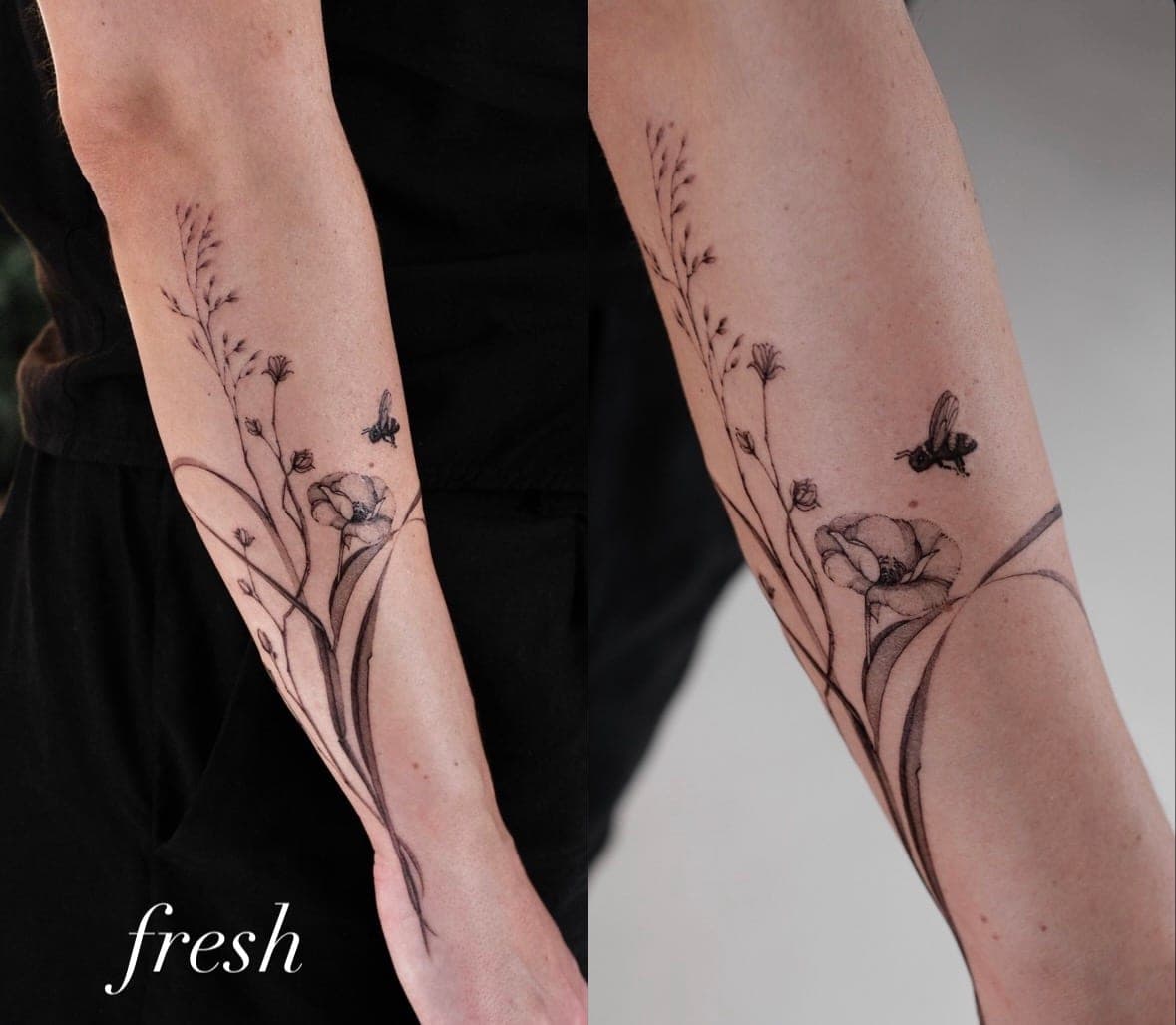 Fineline Tattoo frisch gestochen – Wildblumen & Biene – SIJA.INK Zürich